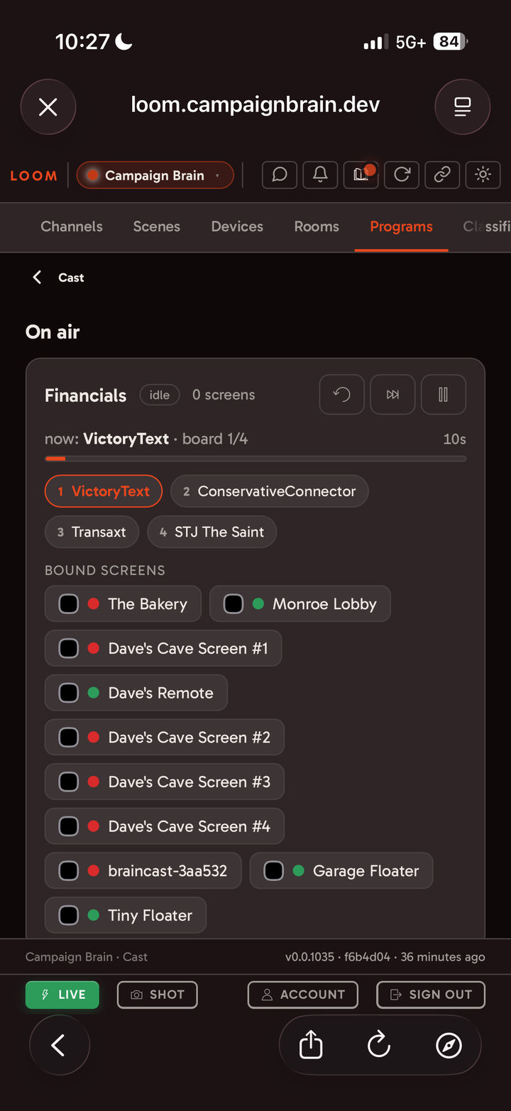 BrainCast Programs - a Financials program on air, rotating boards across bound screens