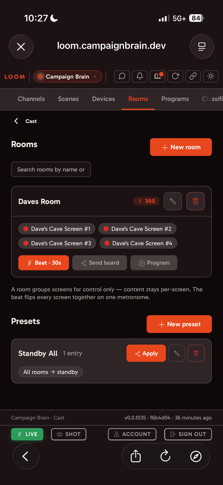 BrainCast Rooms - Dave's Room grouping four screens on a shared 30-second beat