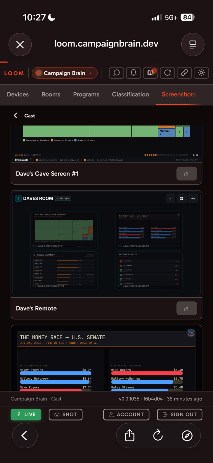 BrainCast - multiple live boards cast to real screens, including Dave's four-monitor room and the U.S. Senate money race