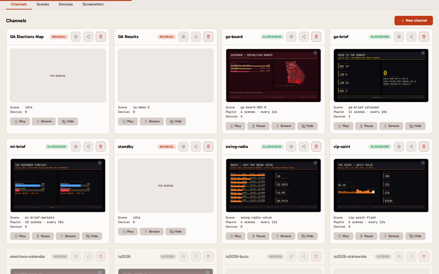 Cast - broadcast channels of scenes pushed to screens, with playlists and devices
