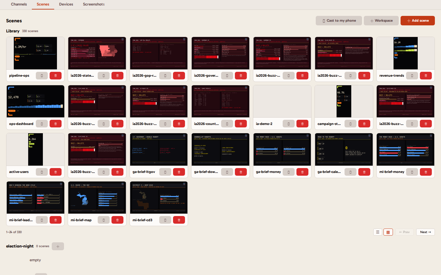 Cast scene library - tagged Weave-rendered scenes ready to queue and push