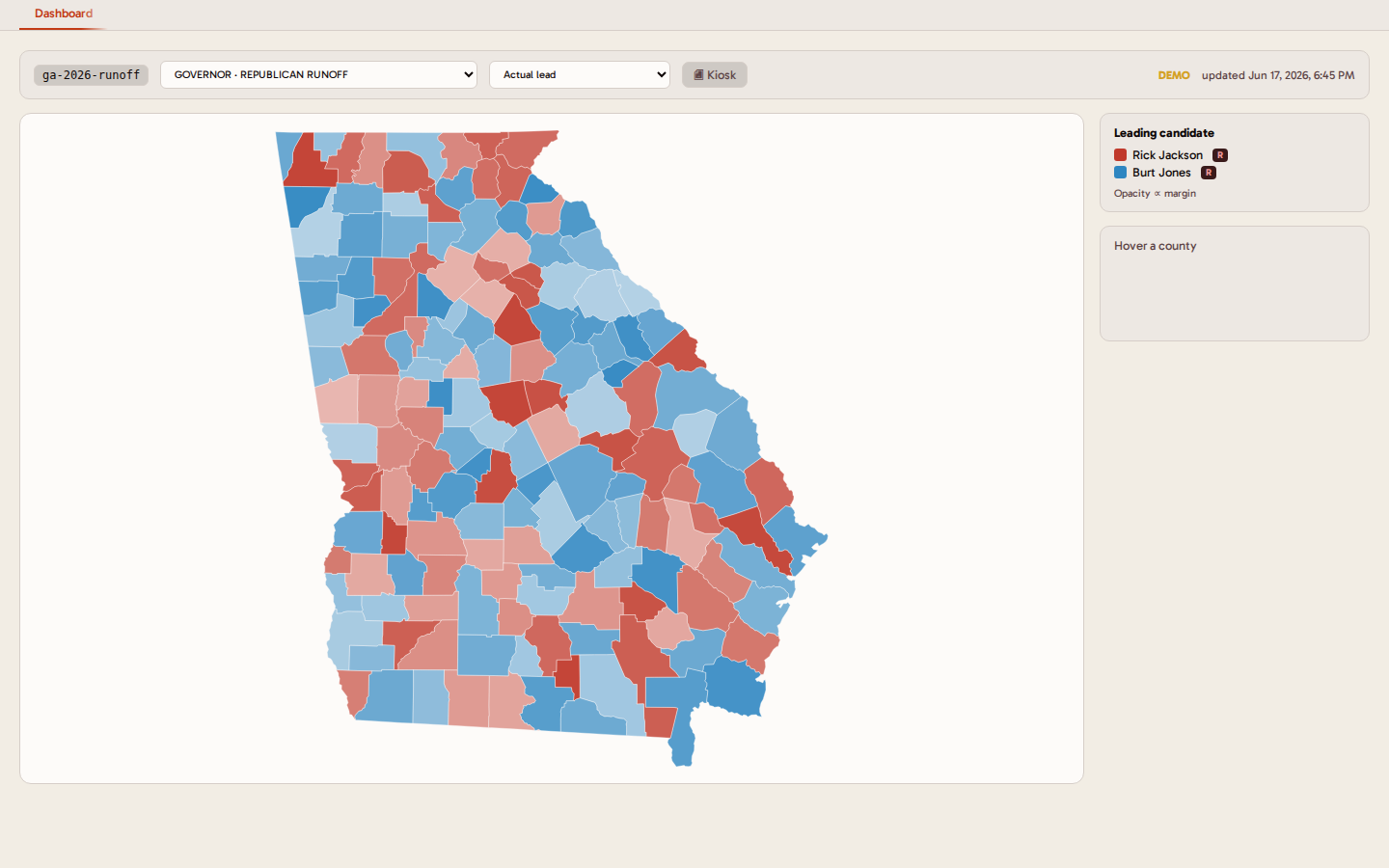 Election Night county map - Georgia runoff, actual lead by county